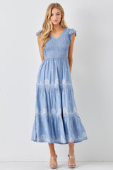 Dusty Blue V Neck Smocked Bodice Maxi Dress