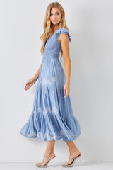 Dusty Blue V Neck Smocked Bodice Maxi Dress