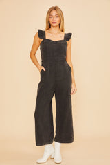 Black Denim Jumpsuit With Ruffle Shoulder Strap