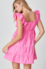 Pink Deep V-Neck Tiered Mini Dress