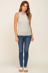 Light Olive Striped Raw Hem Trim Tank Top