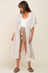 Ivory Striped Side Slit Tassel Tie Maternity Cover-Up