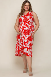 Red Flower Side Tie Maternity Plus Wrap Dress