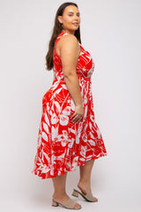 Red Flower Side Tie Plus Wrap Dress