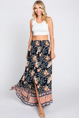 Navy Blue Floral Border Print Smocked Waist Button Front Maxi Skirt