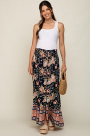 Navy Blue Floral Border Print Smocked Waist Button Front Maternity Maxi Skirt