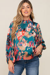 Teal Abstract Smocked Mock Neck Maternity Blouse