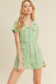 Green Washed Denim Utility Romper