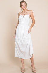 Off White Textured Woven Cami Midi Dress With Pockets