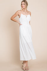 Off White Textured Woven Cami Midi Dress With Pockets