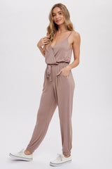 Taupe Surplice Casual Jersey Jumpsuit