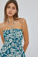 Teal Print Smocked Halter Sundress