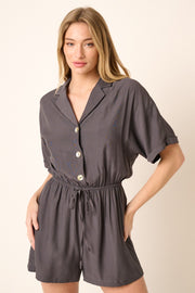 Charcoal Notch Collar Button Front Romper