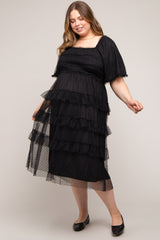 Black Swiss Dot Smocked Tiered Maternity Plus Midi Dress