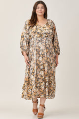 Black Floral Shimmer Satin Wrap Front V-Neck Maternity Plus Midi Dress