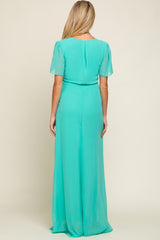 Aqua Chiffon Wrap Front Short Sleeve Maternity Maxi Dress