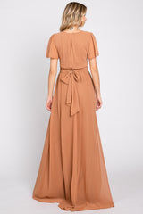 Camel Chiffon Wrap Front Short Sleeve Maxi Dress