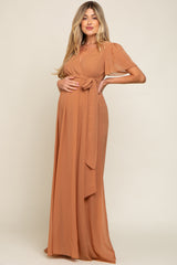 Camel Chiffon Wrap Front Short Sleeve Maternity Maxi Dress