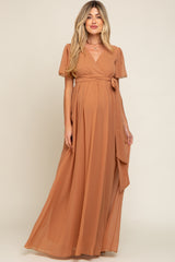 Camel Chiffon Wrap Front Short Sleeve Maternity Maxi Dress