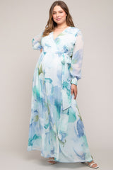 Blue Floral Chiffon Maternity Plus Maxi Dress