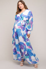 Blue Floral Chiffon Maternity Plus Maxi Dress