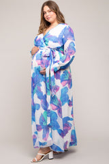 Blue Floral Chiffon Maternity Plus Maxi Dress