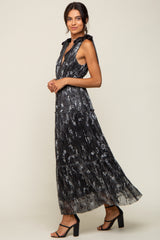 Black Floral Shimmer Deep V Shoulder Tie Maternity Midi Dress