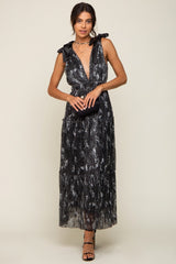 Black Floral Shimmer Deep V Shoulder Tie Midi Dress