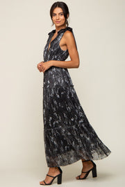 Black Floral Shimmer Deep V Shoulder Tie Midi Dress