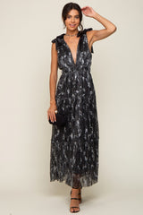 Black Floral Shimmer Deep V Shoulder Tie Midi Dress