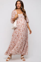 Ivory Floral Chiffon Square Neck Maternity Midi Dress