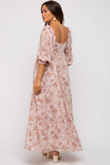 Ivory Floral Chiffon Square Neck Maternity Midi Dress