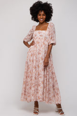 Ivory Floral Chiffon Square Neck Maternity Midi Dress