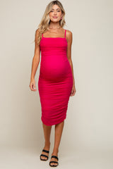 Fuchsia Ruched Mesh Square Neck Maternity Midi Dress