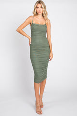 Olive Ruched Mesh Square Neck Maternity Midi Dress