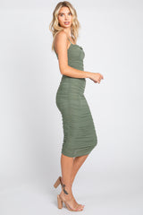 Olive Ruched Mesh Square Neck Midi Dress