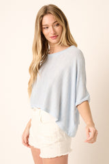 Blue Knit Round Neck Dolman Sleeve Top