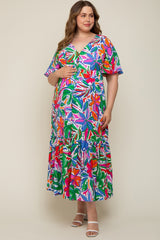 White Floral Button Front Flutter Short Sleeve Maternity Plus Maxi Dress