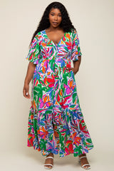 White Floral Button Front Flutter Short Sleeve Plus Maxi Dress