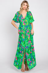 Green Floral Button Front Flutter Short Sleeve Maxi Dress