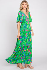 Green Floral Button Front Flutter Short Sleeve Maxi Dress