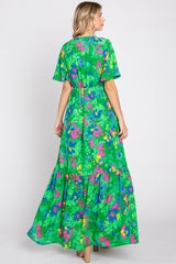 Green Floral Button Front Flutter Short Sleeve Maxi Dress