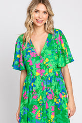 Green Floral Button Front Flutter Short Sleeve Maxi Dress