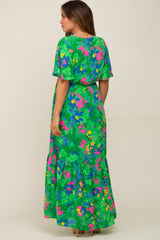 Green Floral Button Front Flutter Short Sleeve Maternity Maxi Dress