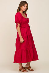 Burgundy Shirred Front Tie Short Sleeve Tiered Midi Dress