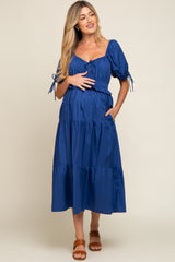 Navy Shirred Front Tie Short Sleeve Tiered Maternity Midi Dress