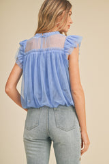 Blue Mesh Ruffled Flutter Sleeve Top