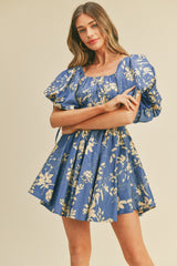 Blue Cream Floral Print Bubble Sleeve Flared Mini Dress