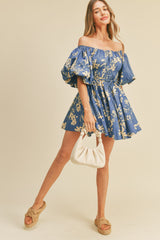 Blue Cream Floral Print Bubble Sleeve Flared Mini Dress