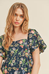 Navy Floral Floral Wide Leg Puff Sleeve Jumpsuit